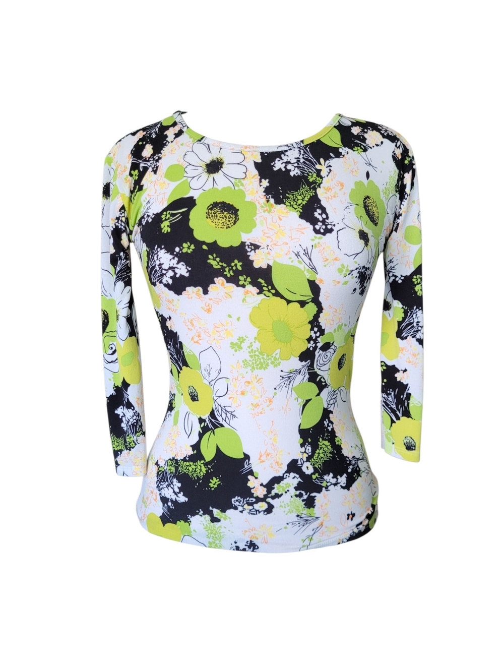 Vintage Y2K Cyber Grunge Lime Green Floral Graphic Long Sleeves Top XL